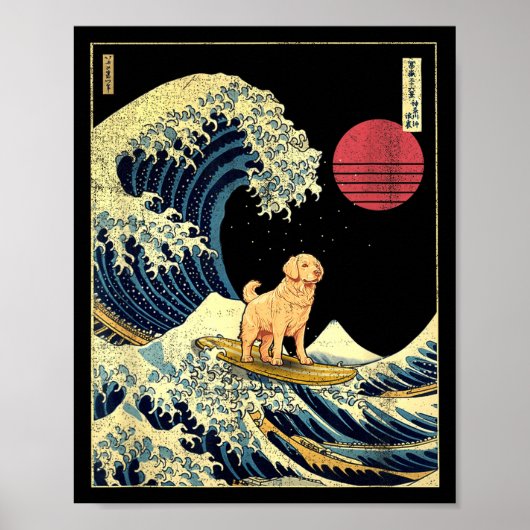 Golden Retriever Japanese Kanagawa Wave Funny Surf Poster (Voorkant)