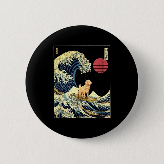 Golden Retriever Japanese Kanagawa Wave Funny Surf Ronde Button 5,7 Cm (Voorkant)