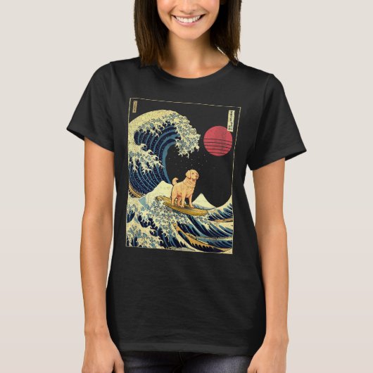Golden Retriever Japanese Kanagawa Wave Funny Surf T-shirt (Voorkant)