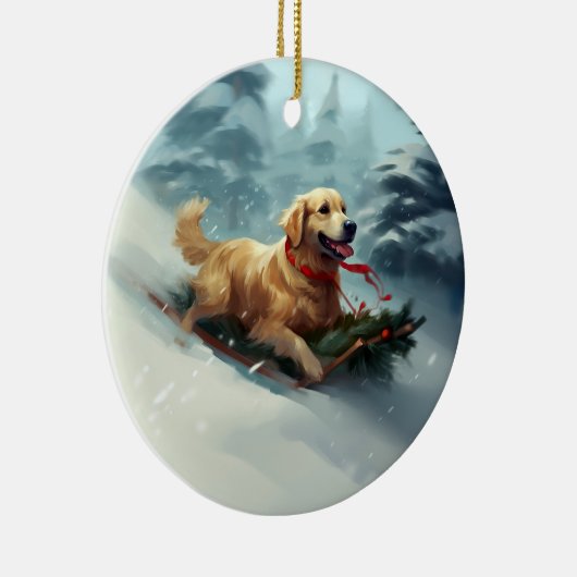 Golden Retriever Kerstsneeuw winter Keramisch Ornament (Rechts)