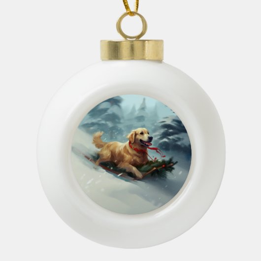 Golden Retriever Kerstsneeuw winter Keramische Bal Ornament (Voorkant)
