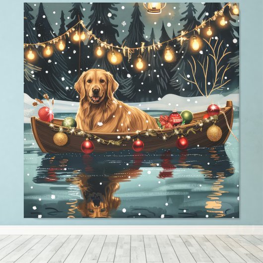 Golden Retriever Kerstvakantie Canvas Afdruk (Insitu (Houten vloer))