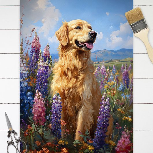 Golden Retriever Lupine Flowers Decoupage Tissuepapier