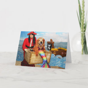 Golden Retriever Mermaid en Pirate Birthday Kaart