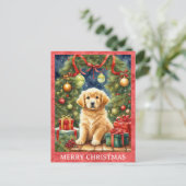 Golden Retriever Merry Christmas Schattigee Puppy Briefkaart (Staand voorkant)