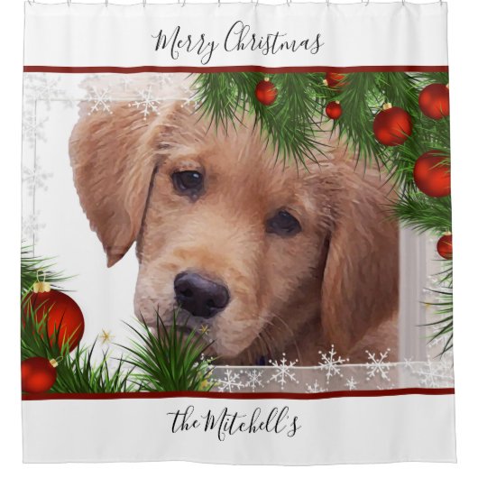 Golden Retriever Merry Kerstmis - Cute Puppy Dog Douchegordijn (Voorkant)