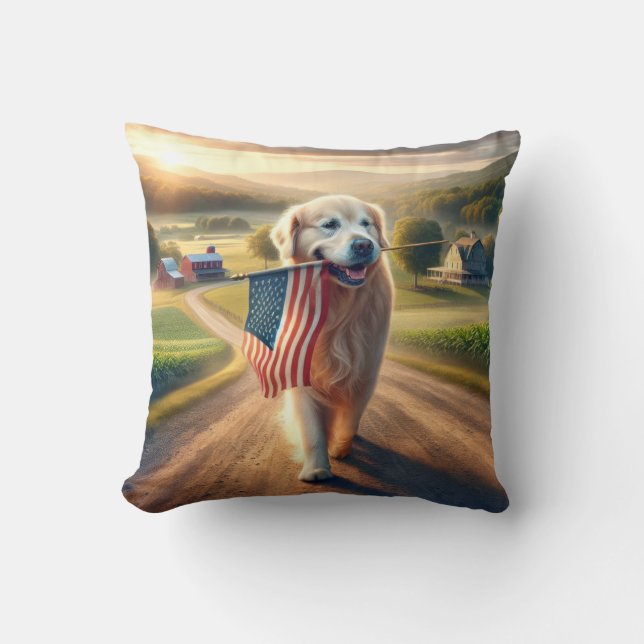 Golden Retriever met Amerikaanse vlag Kussen (Voorkant)