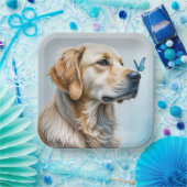 Golden Retriever met blauwe vlinder Papieren Bordje (Feest)