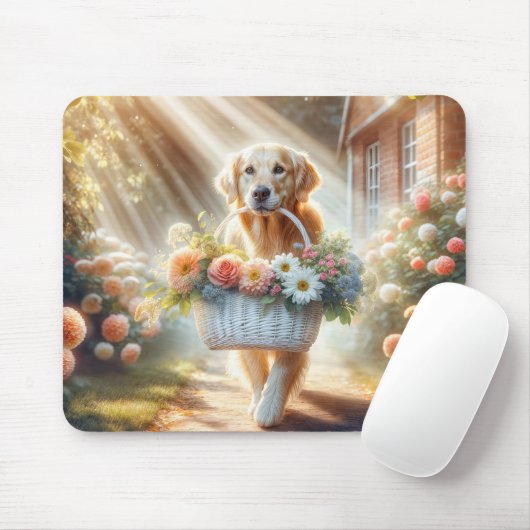 Golden Retriever met bloemenmand Muismat (Met muis)