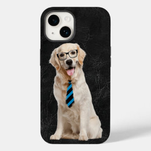 Golden retriever met bril op leder Case-Mate iPhone 14 hoesje