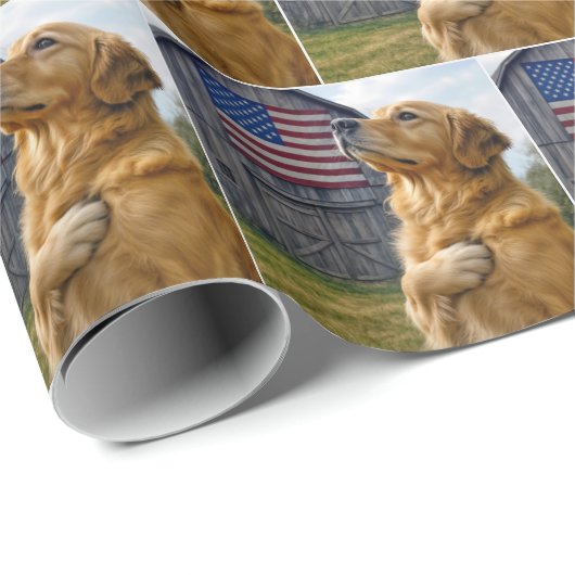Golden Retriever met een Amerikaanse vlag Cadeaupapier (Rol Hoek)