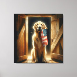 Golden Retriever met een Amerikaanse vlag Canvas Afdruk