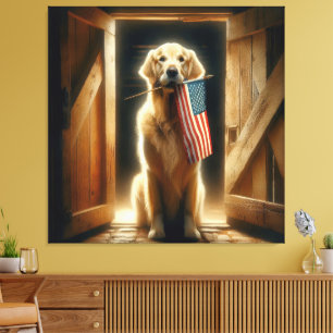 Golden Retriever met een Amerikaanse vlag Canvas Afdruk