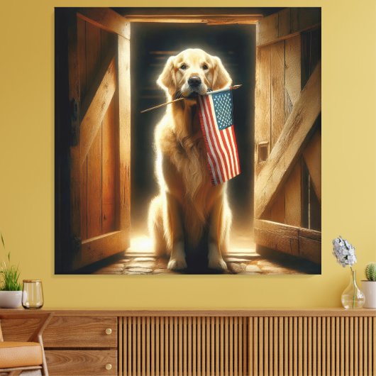 Golden Retriever met een Amerikaanse vlag Canvas Afdruk (Insitu (Woonkamer))