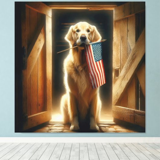 Golden Retriever met een Amerikaanse vlag Canvas Afdruk (Insitu (Houten vloer))