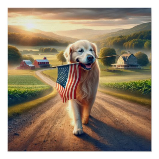 Golden Retriever met een Amerikaanse vlag Perfect Poster (Voorkant)