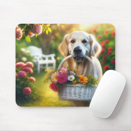 Golden Retriever met een bloemenmand Muismat (Met muis)