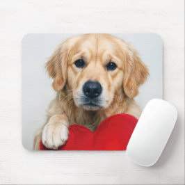 Golden Retriever Met een Rode Hartkussen Muismat