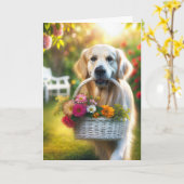 Golden Retriever met een verjaardagsbloemenmand Kaart (Gele Bloem)