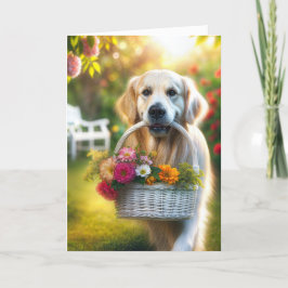 Golden Retriever met een verjaardagsbloemenmand Kaart