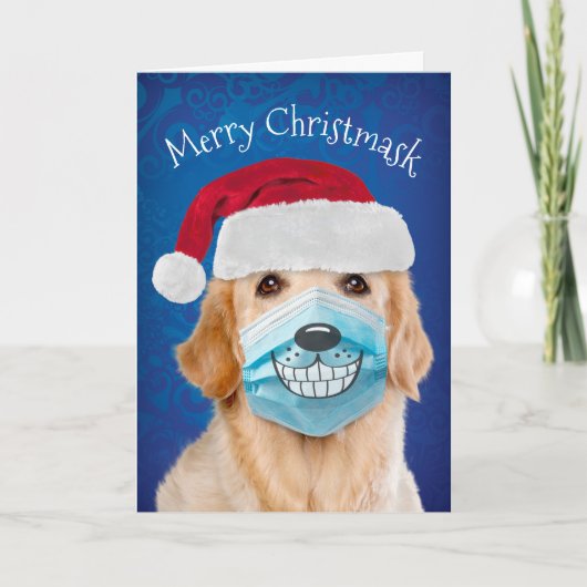 Golden Retriever met facemask Merry Christmask Kaart (Voorkant)