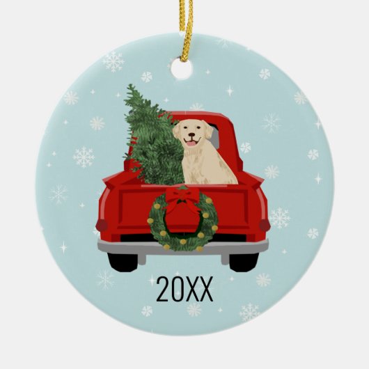 Golden Retriever met kerstrood vrachtwagen Keramisch Ornament (Voorkant)