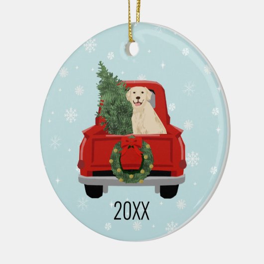 Golden Retriever met kerstrood vrachtwagen Keramisch Ornament (Links)