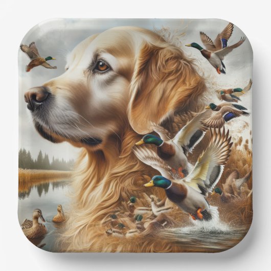 Golden Retriever met Mallard Ducks Papieren Bordje (Voorkant)