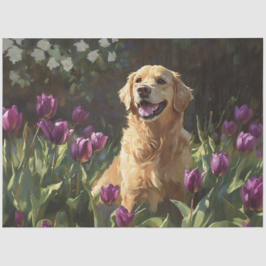 Golden Retriever met Paarse Tulpen Decoupage Tissuepapier (Voorkant)