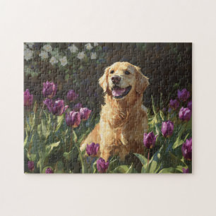 Golden Retriever met Paarse tulpen Legpuzzel