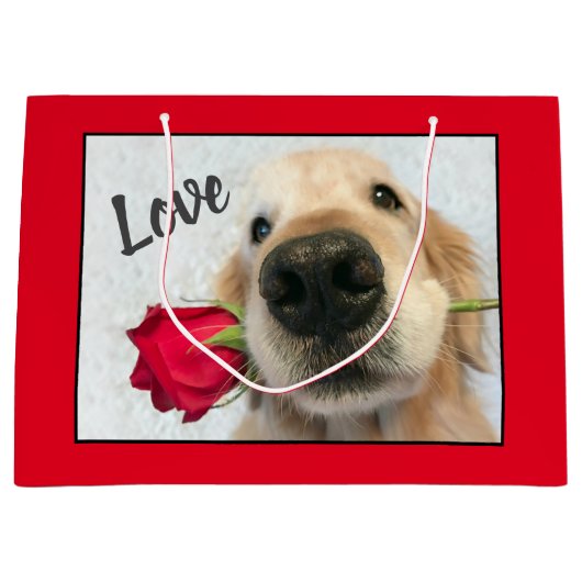 Golden Retriever met Red Rose Valentijn Love Groot Cadeauzakje (Voorkant)