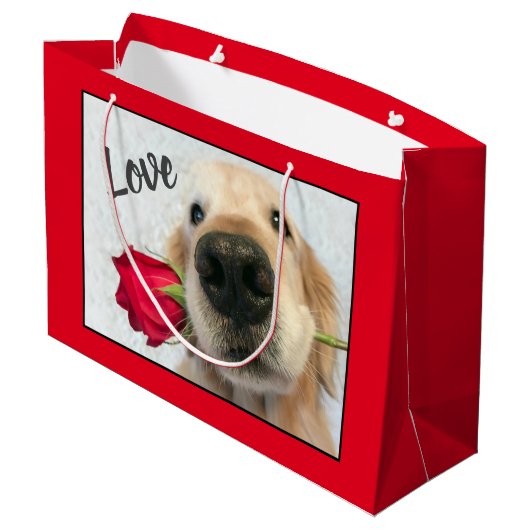 Golden Retriever met Red Rose Valentijn Love Groot Cadeauzakje (Achterkant Gekanteld)
