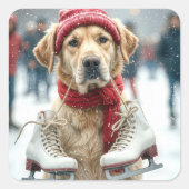 Golden Retriever met Schaatsen Vierkante Sticker (Voorkant)