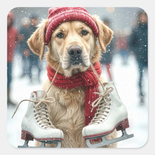 Golden Retriever met Schaatsen Vierkante Sticker (Voorkant)