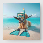 Golden Retriever met snorkel en flippers Vierkante Klok (Voorkant)