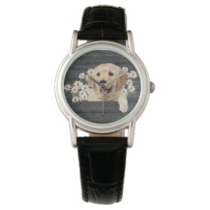 Golden Retriever met zeuren op hout Horloge