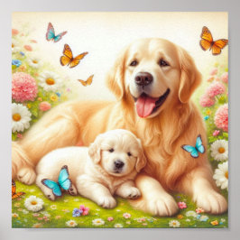 Golden Retriever moeder en haar puppy Poster