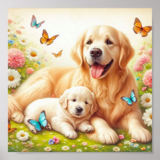 Golden Retriever moeder en haar puppy Poster (Voorkant)