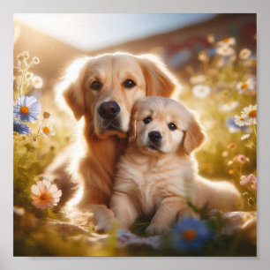 Golden Retriever moeder en haar puppy Poster