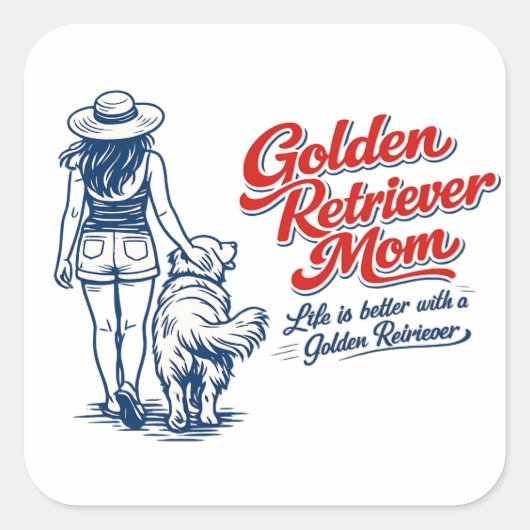 Golden Retriever Moeder Sticker - Retro Lijn Kunst (Voorkant)