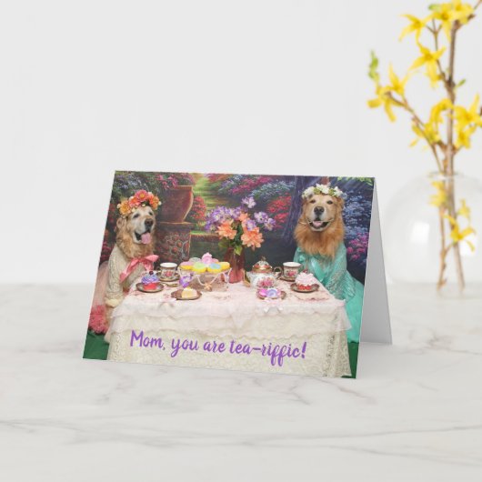 Golden Retriever Moederdag Tea Party Kaart (Gele Bloem)
