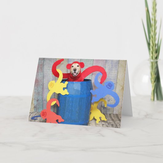 Golden Retriever Monkey Barrel Birthday Kaart (Voorkant)
