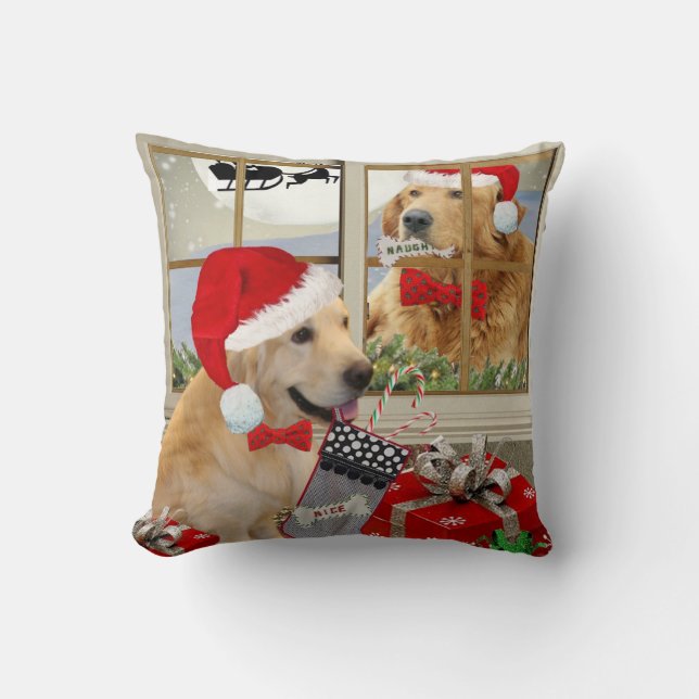 Golden Retriever "Naughty or Nice Pillow" Kussen (Voorkant)