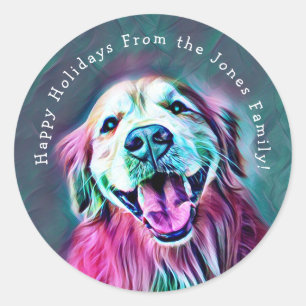 Golden Retriever Neon Colors Custom Holiday Name Ronde Sticker