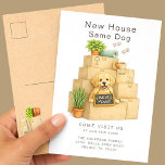 Golden Retriever New House Same Dog Moving  Briefkaart<br><div class="desc">Announce your new address with this adorable “New House Same Dog” moving announcement featuring a sweet Golden Retriever puppy surrounded by moving boxes and cozy houseplants. This charming watercolor design is perfect for dog lovers and Golden Retriever owners who want to share their exciting move in a fun and memorable...</div>