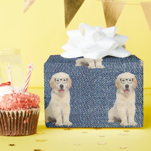 Golden Retriever op Blue Jean Denim Cadeaupapier (Verjaardagsfeest)