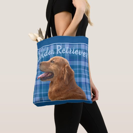 Golden Retriever op Blue Plaid Tote Bag (Dichtbij)