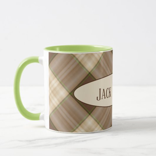 Golden retriever op bruin geruite patroon met naam mok (Links)