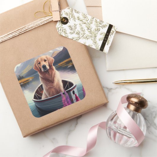 Golden Retriever op een peddel: Een Schilderachtig Vierkante Sticker (Geschenken)