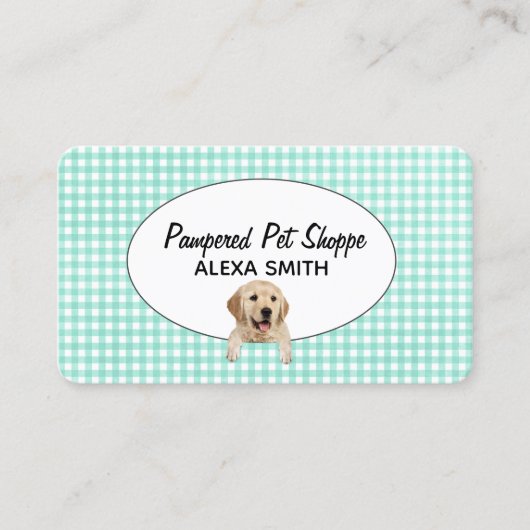 Golden Retriever op Gingham voor Pet Grooming Visitekaartje (Voorkant)